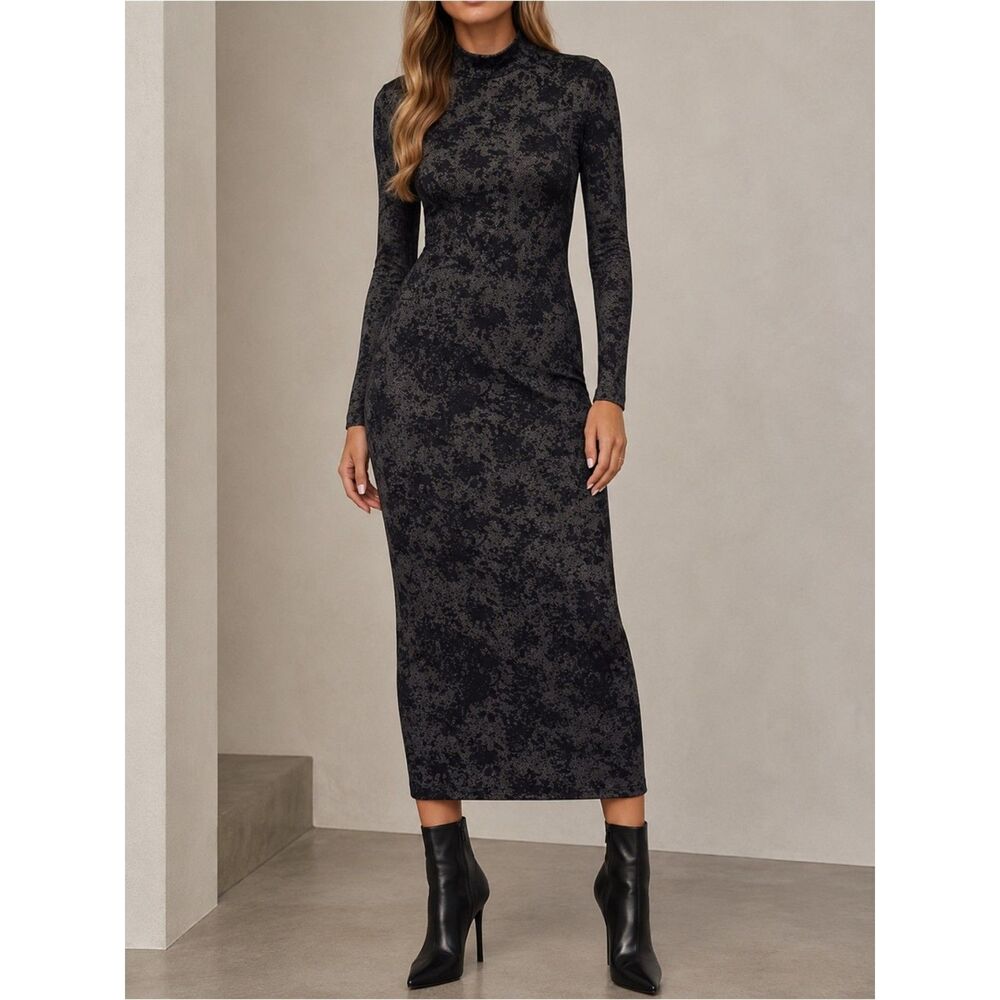 Reiss Rubik Abstract Print Charcoal & Black Mockneck Bodycon Dress Size Small
